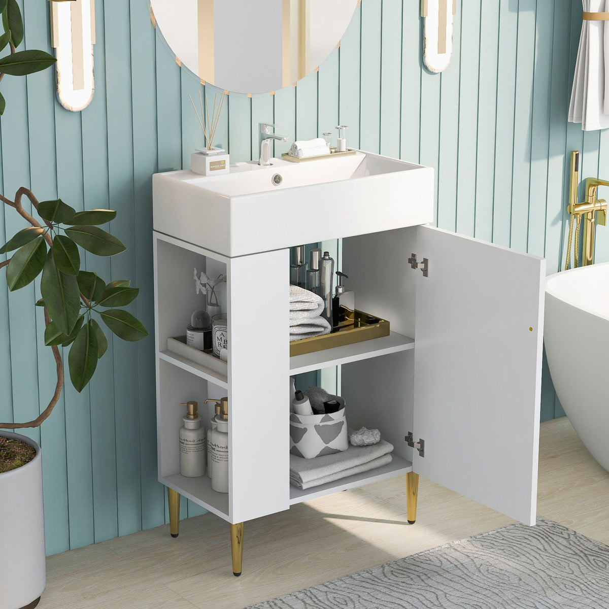 Bathroom vanity with ceramic sink and side storage in white with gold legs HouseOfZazla on Tampa Home & Garden Store