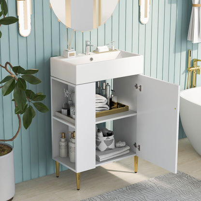 Bathroom vanity with ceramic sink and side storage in white with gold legs HouseOfZazla on Tampa Home & Garden Store