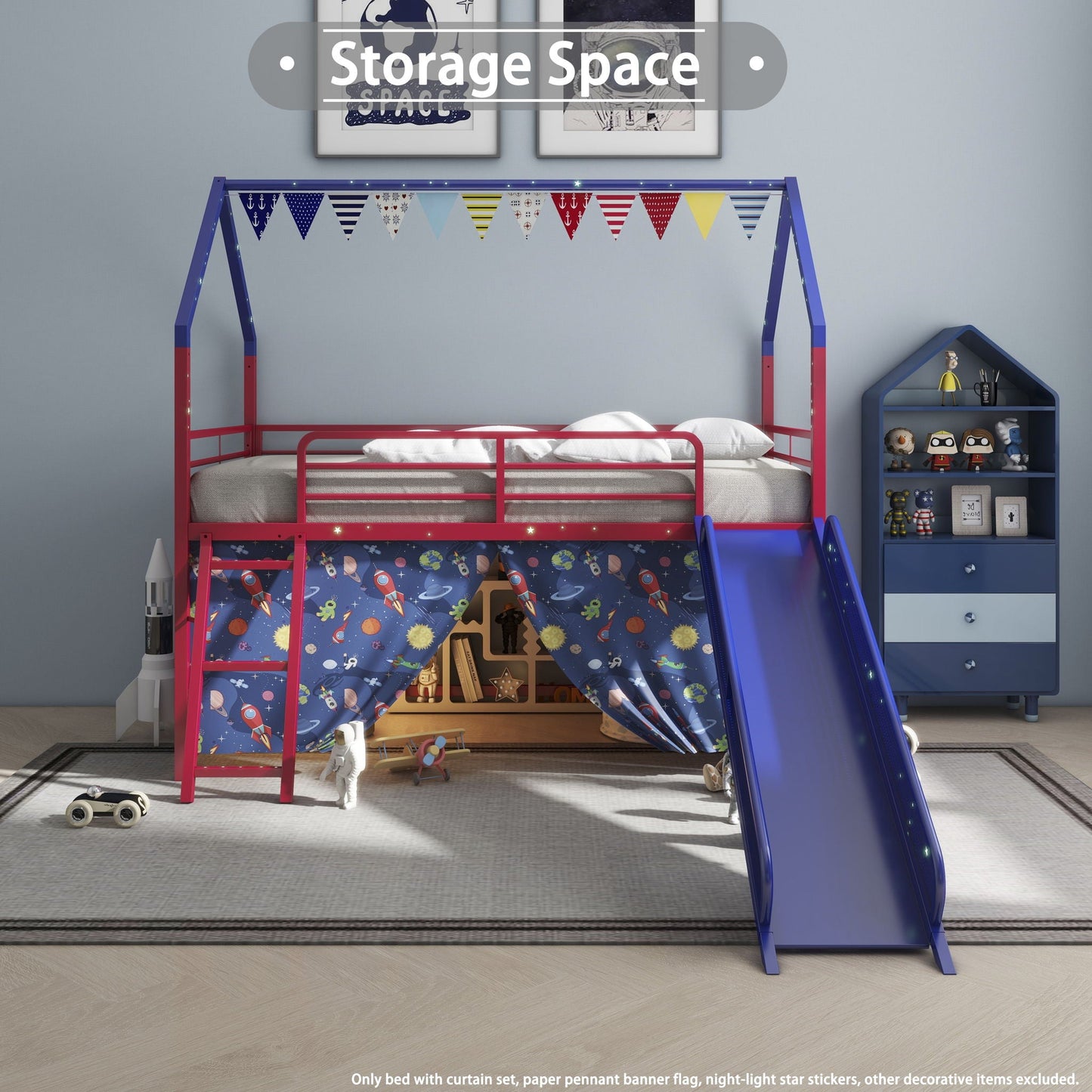 Jack loft bed with slide and curtain set in red/blue metal frame by HouseOfZazla on Tampa Home & Garden Store