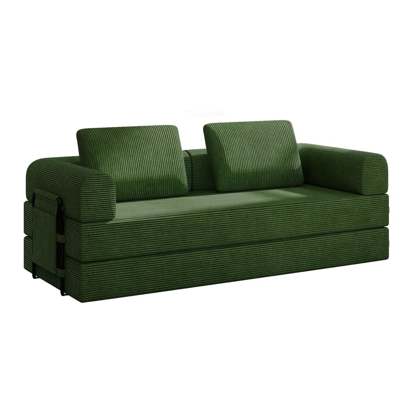 Green corduroy futon sofa bed with cylindrical bolster pillows, fixed frame on Tampa Home & Garden Store