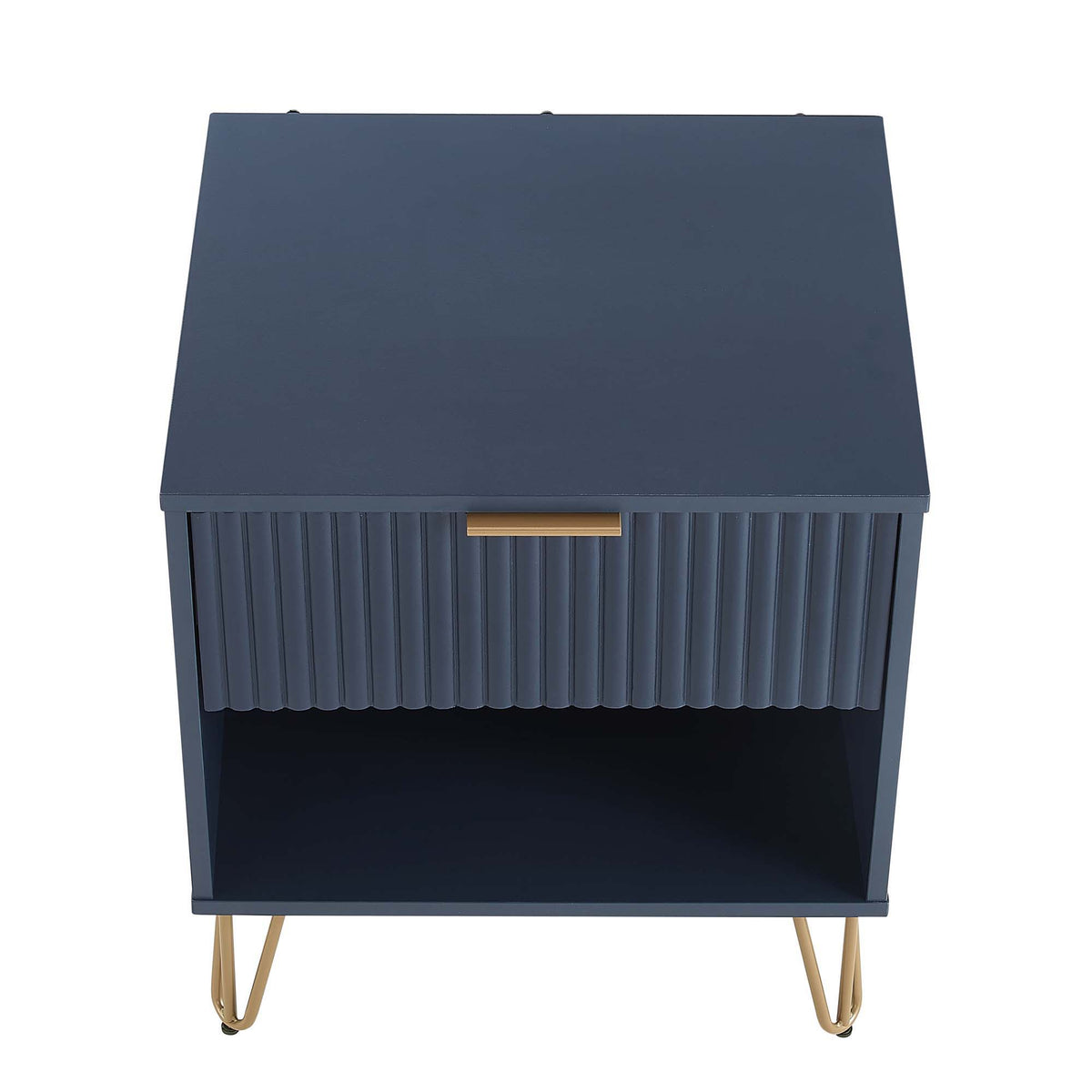 Modern navy blue nightstand with fluted drawer front and gold handle on gold legs on Tampa Home & Garden Store