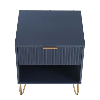 Modern navy blue nightstand with fluted drawer front and gold handle on gold legs on Tampa Home & Garden Store
