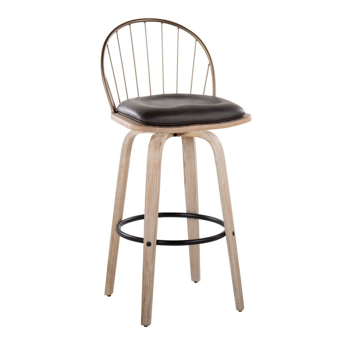 Industrial fixed-height barstool with black removable cushion and light wood legs on Tampa Home & Garden Store