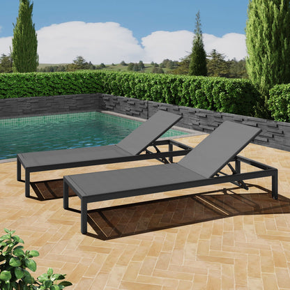 Outdoor patio chaise lounges in gray metal with five reclining positions, poolside quartet on Tampa Home & Garden Store