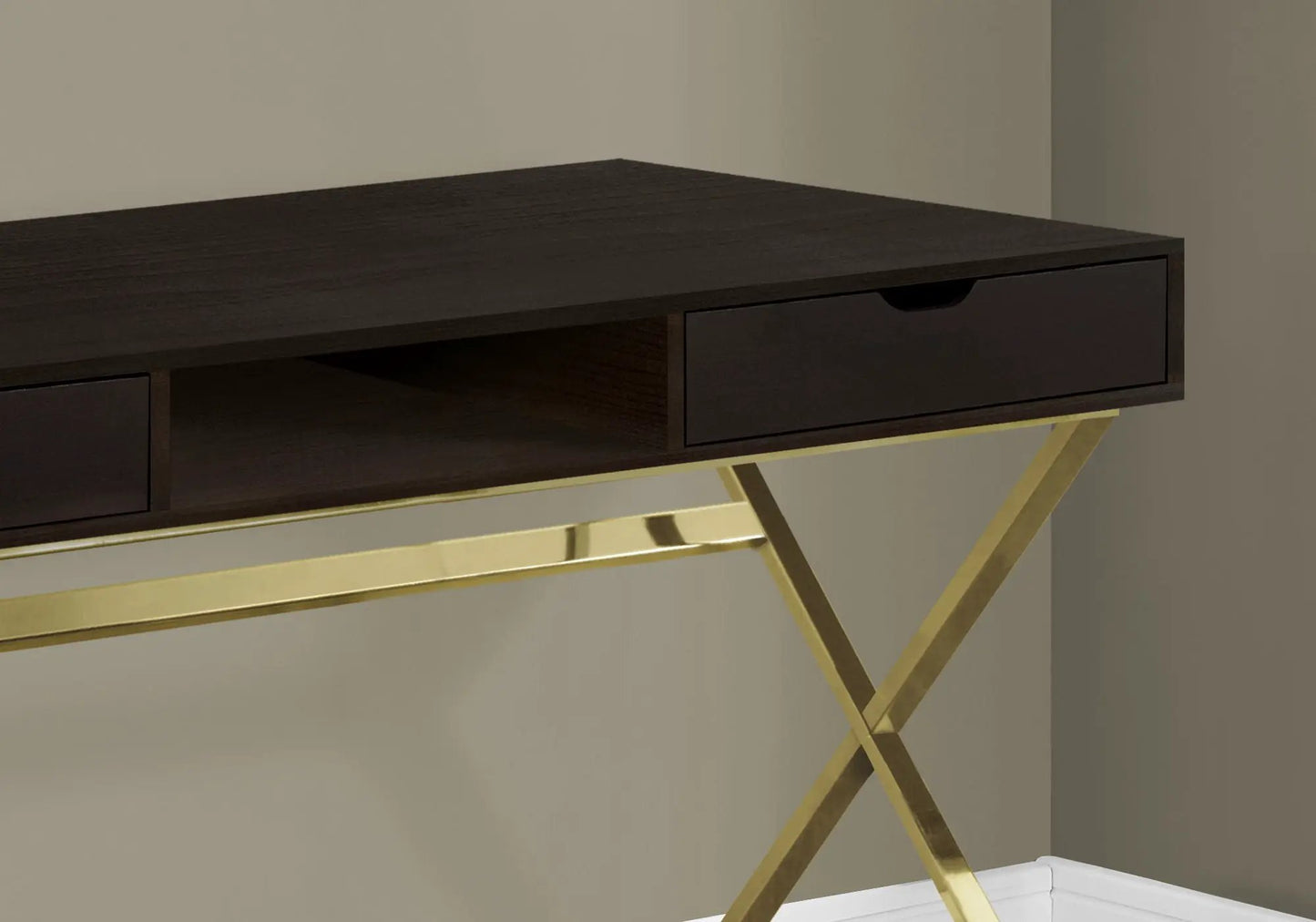 Espresso writing desk with storage drawers and open shelf, dark wood finish, gold legs on Tampa Home & Garden Store