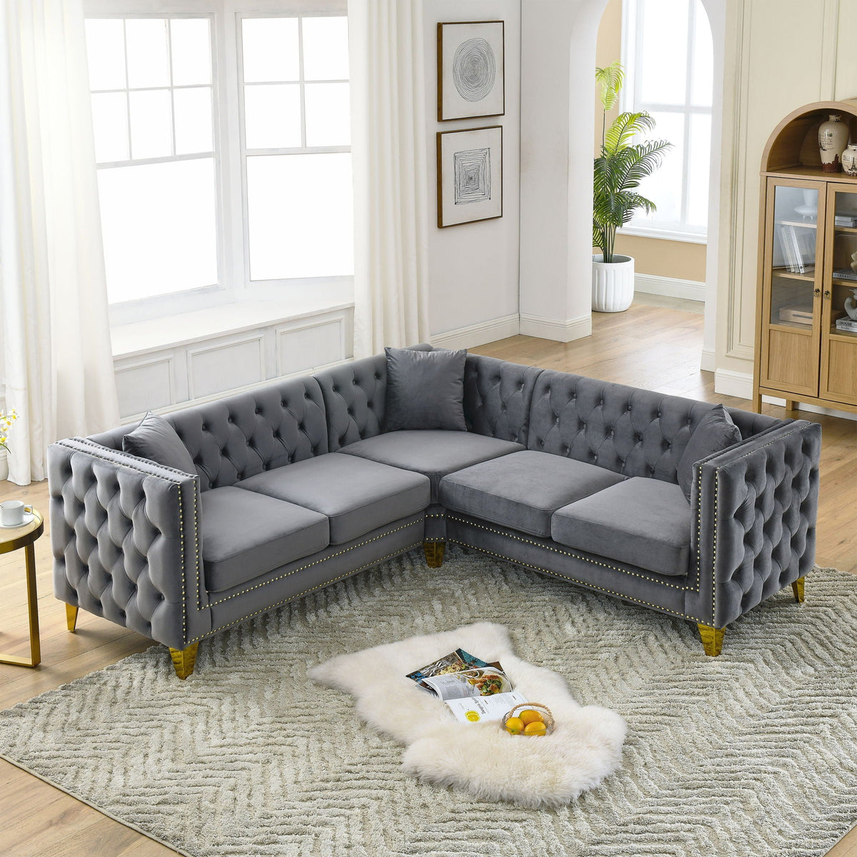 HouseOfZazla L-shaped 5-seater tufted stationary sectional sofa in grey velvet with nailhead trim on Tampa Home & Garden Store