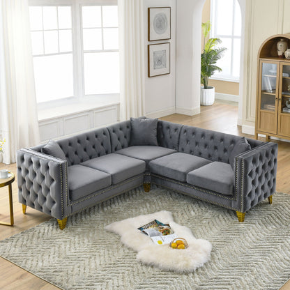 HouseOfZazla L-shaped 5-seater tufted stationary sectional sofa in grey velvet with nailhead trim on Tampa Home & Garden Store
