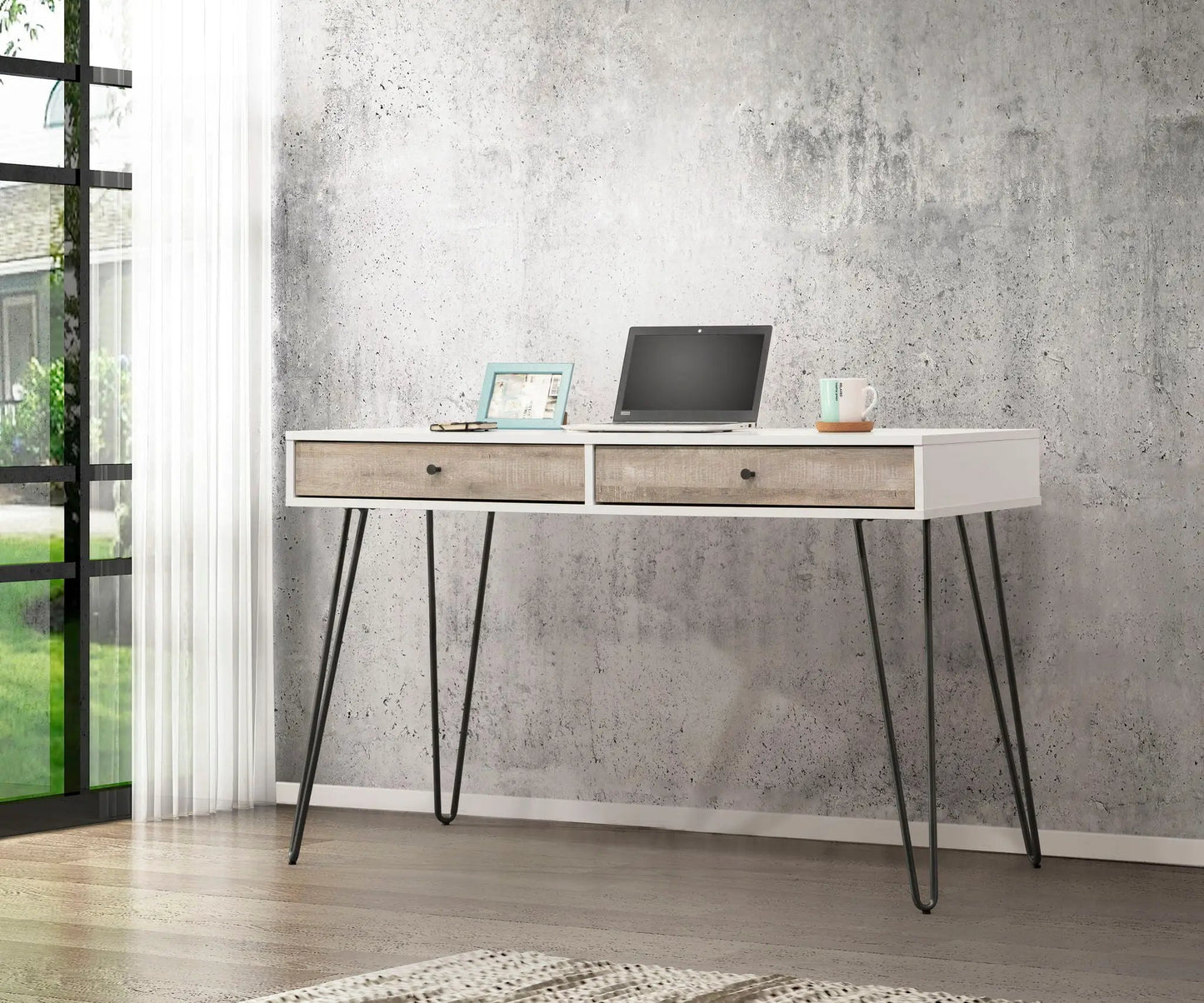 Taupe Oak Desk With Drawers and Metal Accents