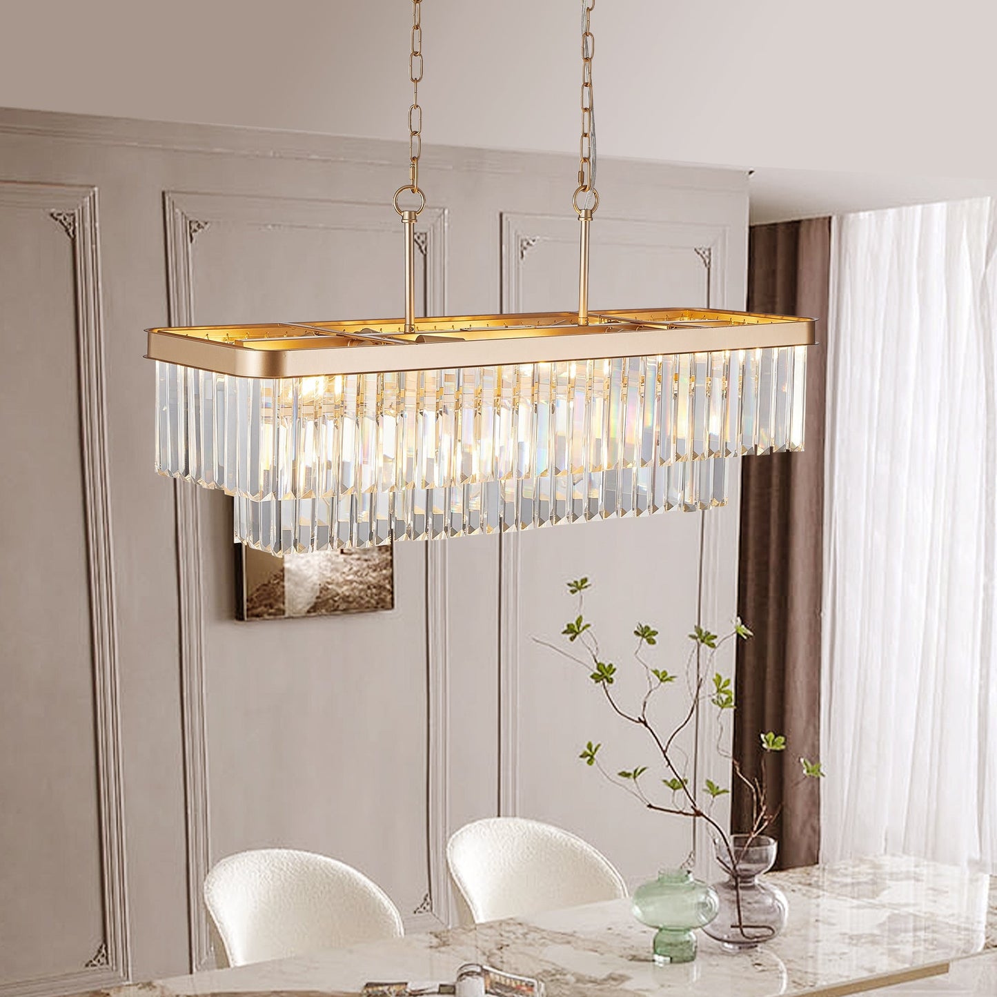 Rectangular crystal chandelier in gold iron with glass prisms, HouseOfZazla on Tampa Home & Garden Store