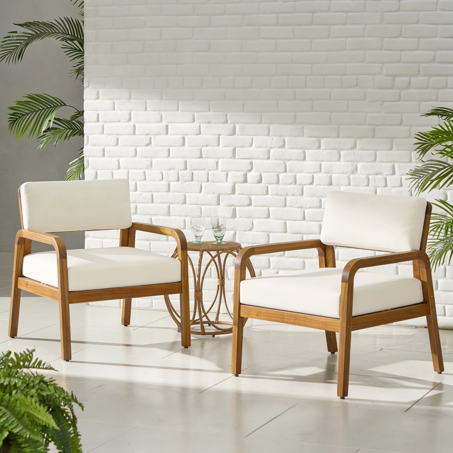 Outdoor Acacia Wood Armchair Set with Cushions