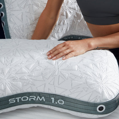 BedGear Storm Cuddle Curve Pillow 1.0 backrest pillow in white quilted fabric with teal strap on Tampa Home & Garden Store