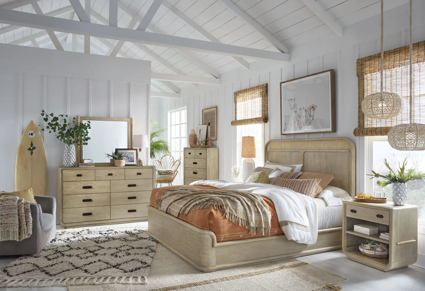 Sunset Cove Panel Bed in light wood with woven cane headboard by Unique Piece Furniture on Tampa Home & Garden Store