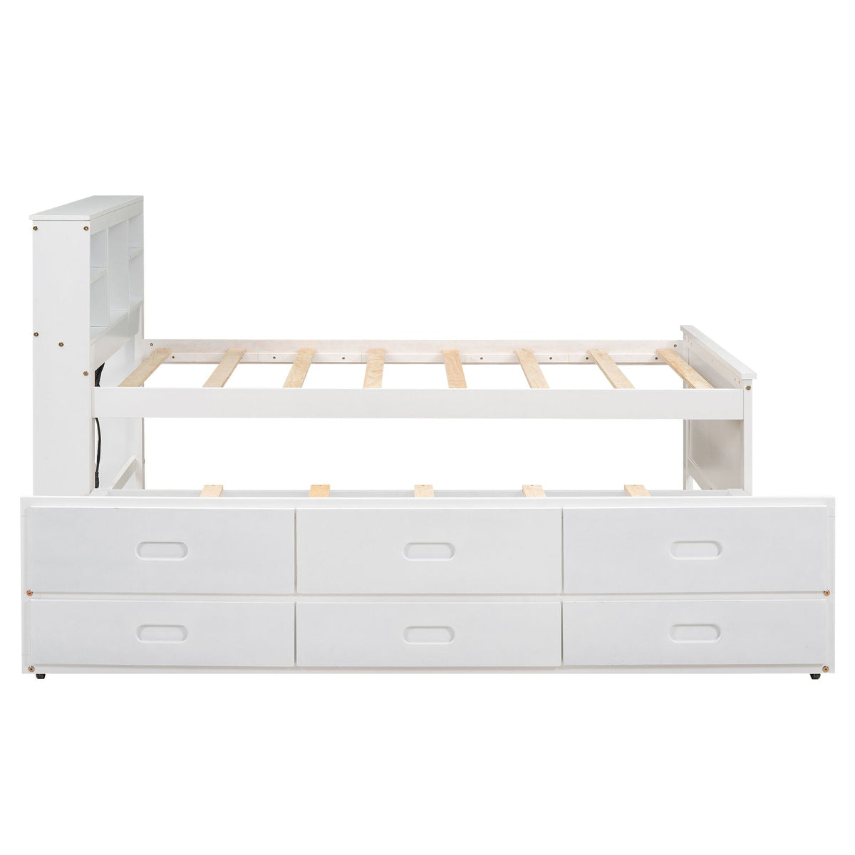 White platform bed with storage headboard, cubby shelves, and three foot drawers; wooden slats on Tampa Home & Garden Store