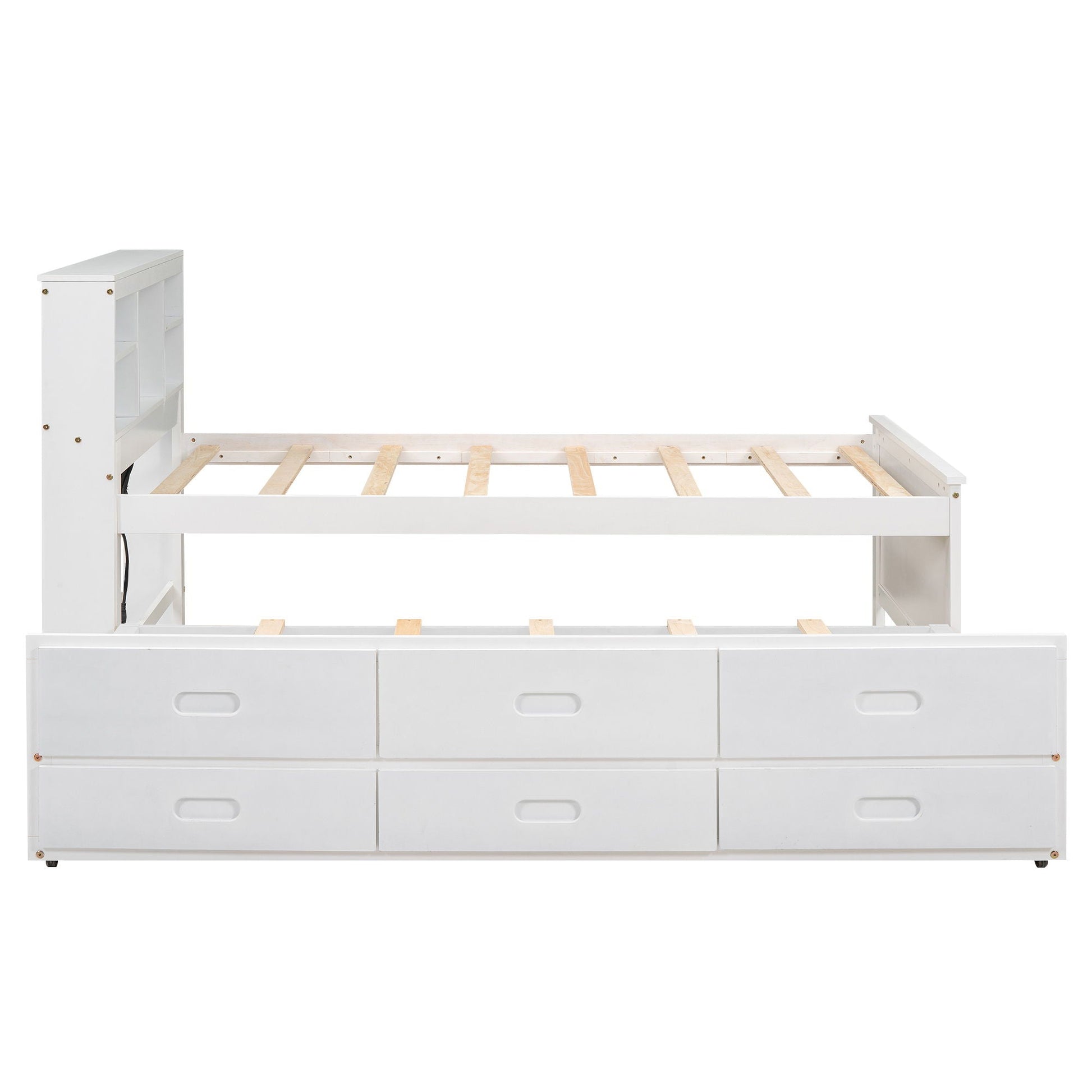 White platform bed with storage headboard, cubby shelves, and three foot drawers; wooden slats on Tampa Home & Garden Store