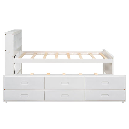 White platform bed with storage headboard, cubby shelves, and three foot drawers; wooden slats on Tampa Home & Garden Store