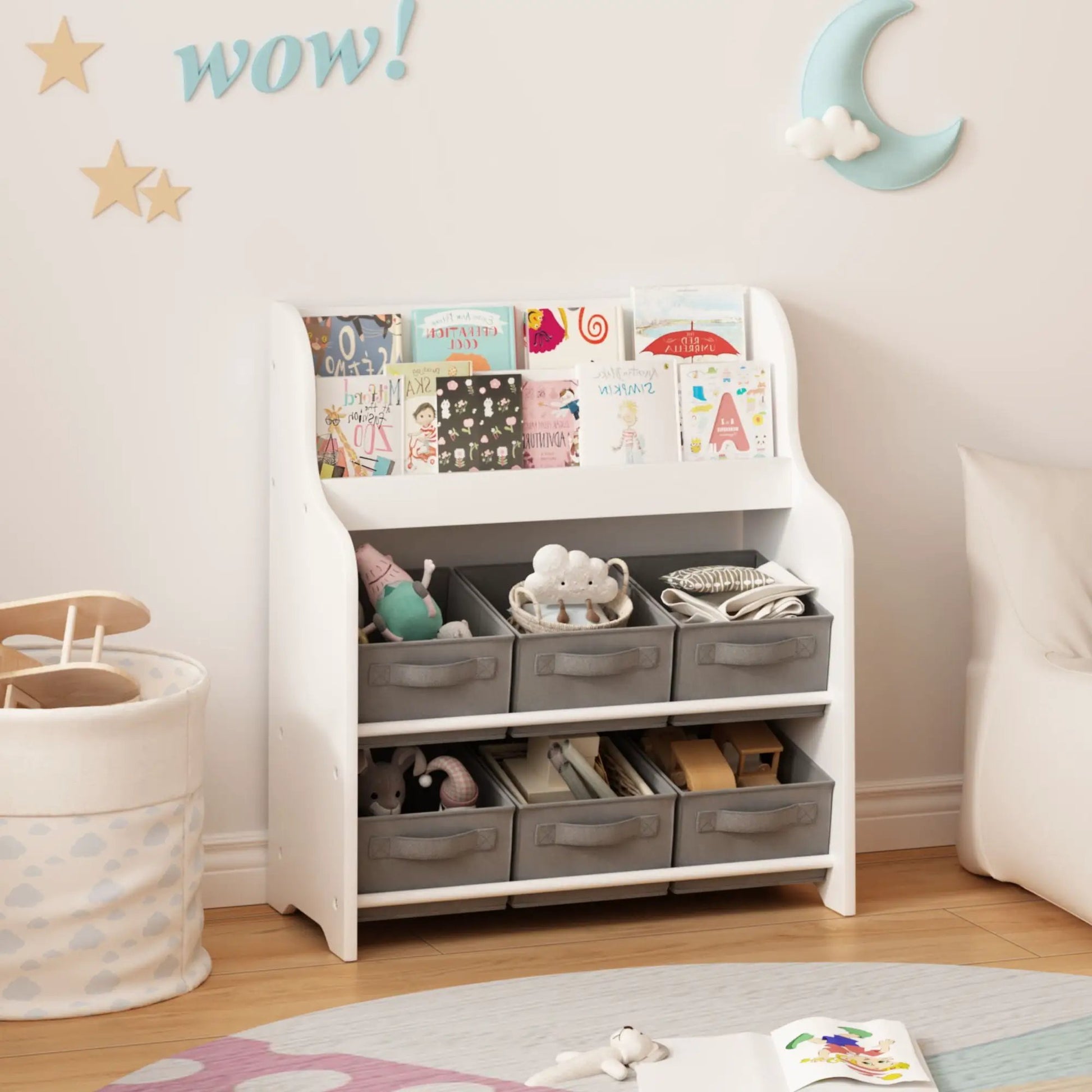 Bookshelf with 6 gray storage bins for kids, white finish Unique Piece Furniture on Tampa Home & Garden Store