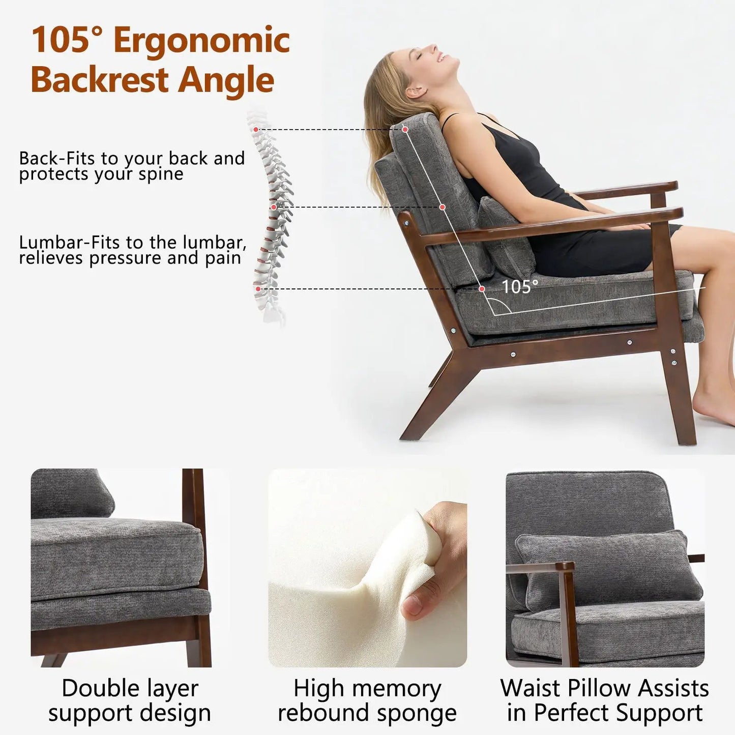 Living Room Chair with Lumbar Pillow Mid Century