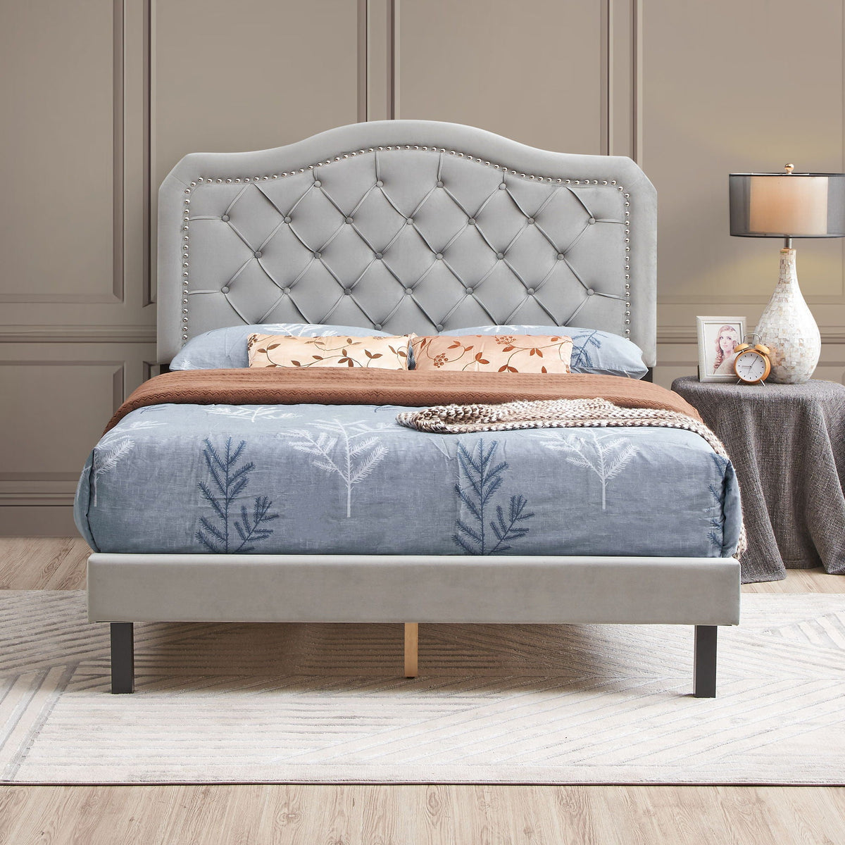 Queen upholstered bed curved gray tufted headboard by HouseOfZazla on Tampa Home & Garden Store
