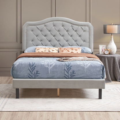 Queen upholstered bed curved gray tufted headboard by HouseOfZazla on Tampa Home & Garden Store