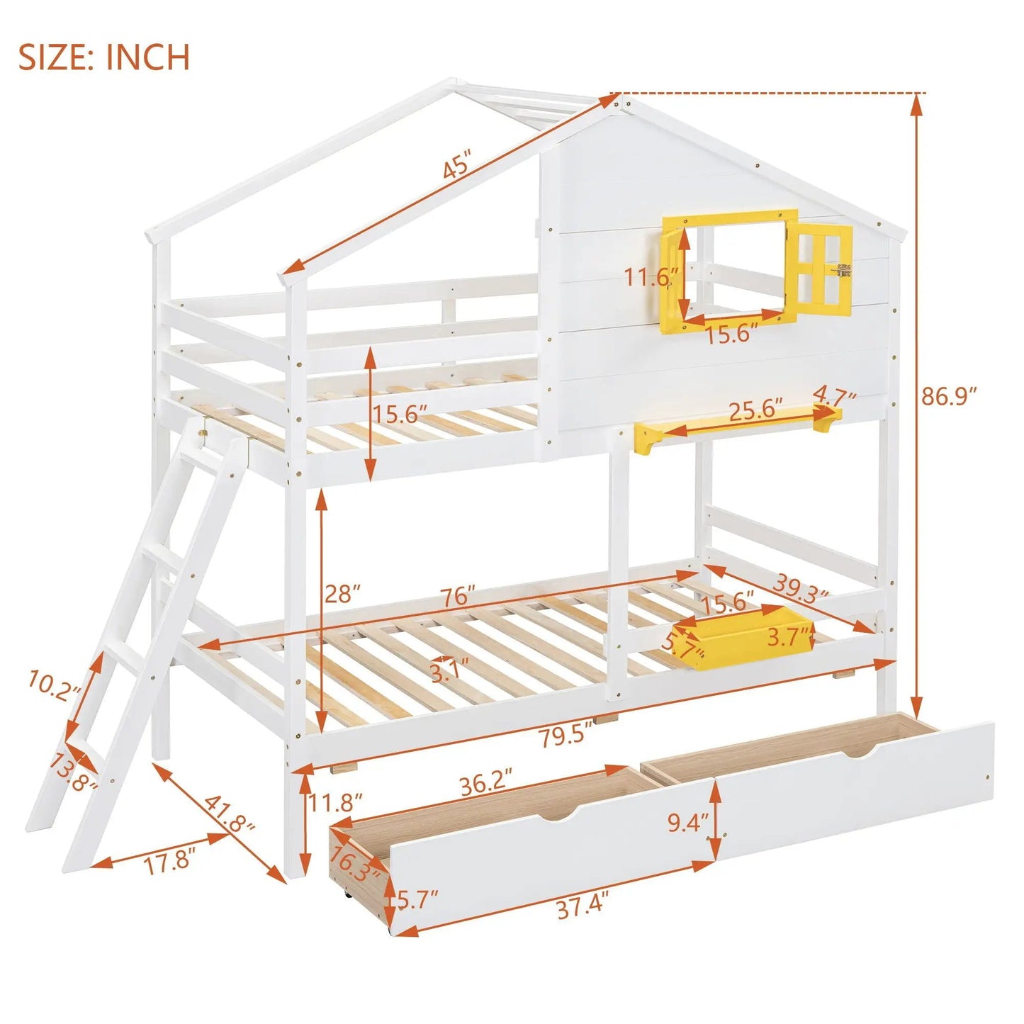 Bunk bed with playhouse roof and window, Unique Piece Furniture white wood, yellow window frame on Tampa Home & Garden Store