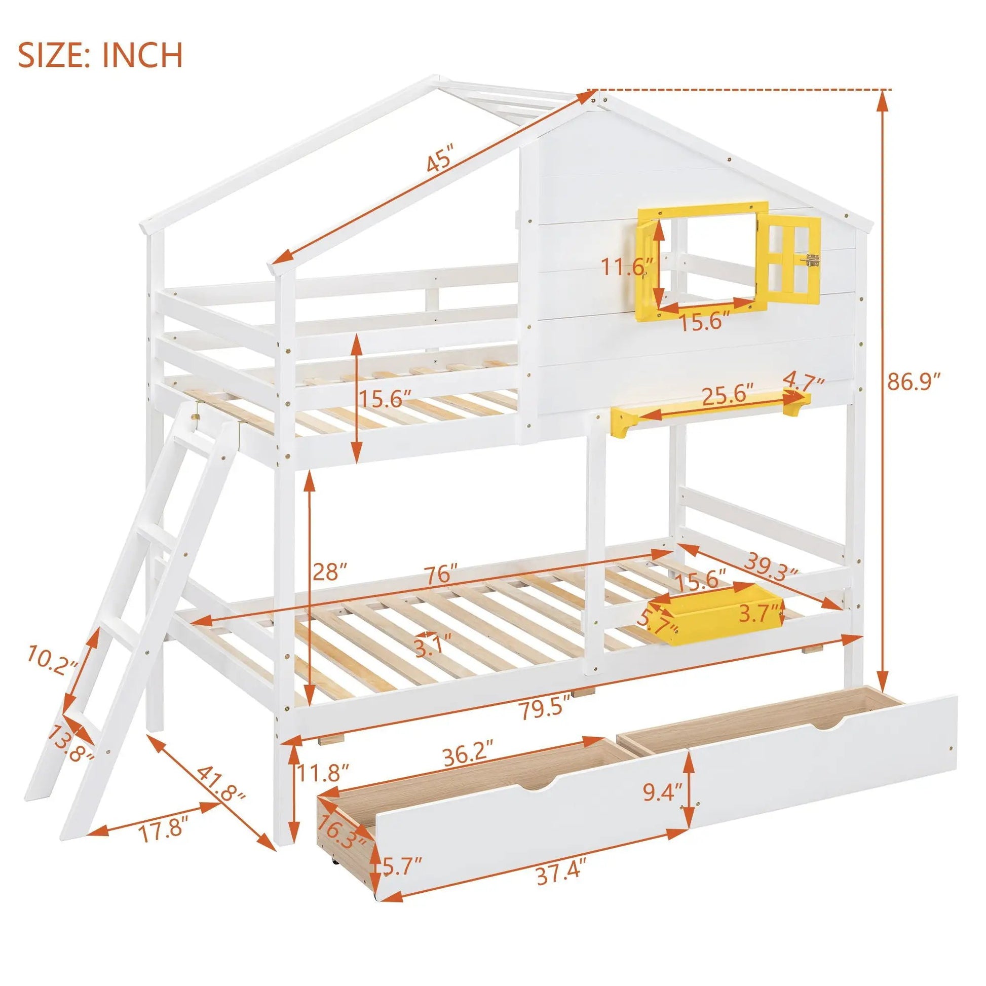 Bunk bed with playhouse roof and window, Unique Piece Furniture white wood, yellow window frame on Tampa Home & Garden Store