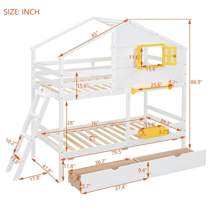 Bunk bed with playhouse roof and window, Unique Piece Furniture white wood, yellow window frame on Tampa Home & Garden Store