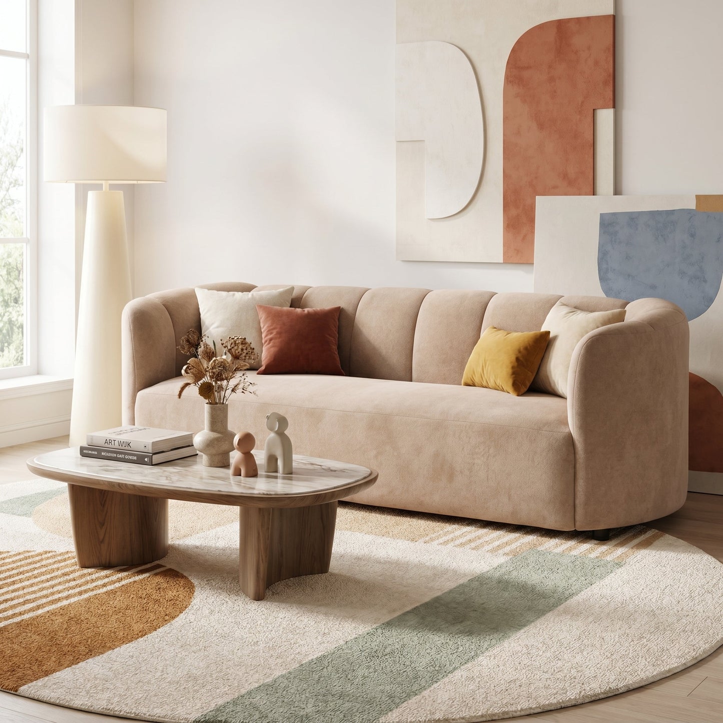 Mirelle 80 in modern curved velvet sofa in beige with plush cushions in a chic living room on Tampa Home & Garden Store