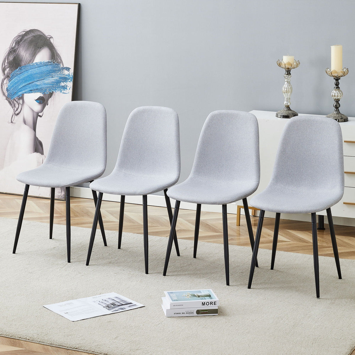 Modern medieval style cushioned side chairs set with metal legs, 4 gray seats for kitchens on Tampa Home & Garden Store
