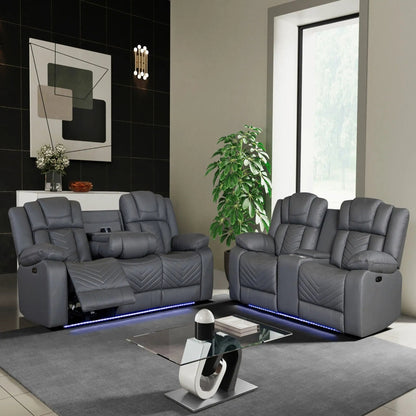 Raize 10-Power reclining sofa in gray leather with LED lighting in a modern showroom on Tampa Home & Garden Store