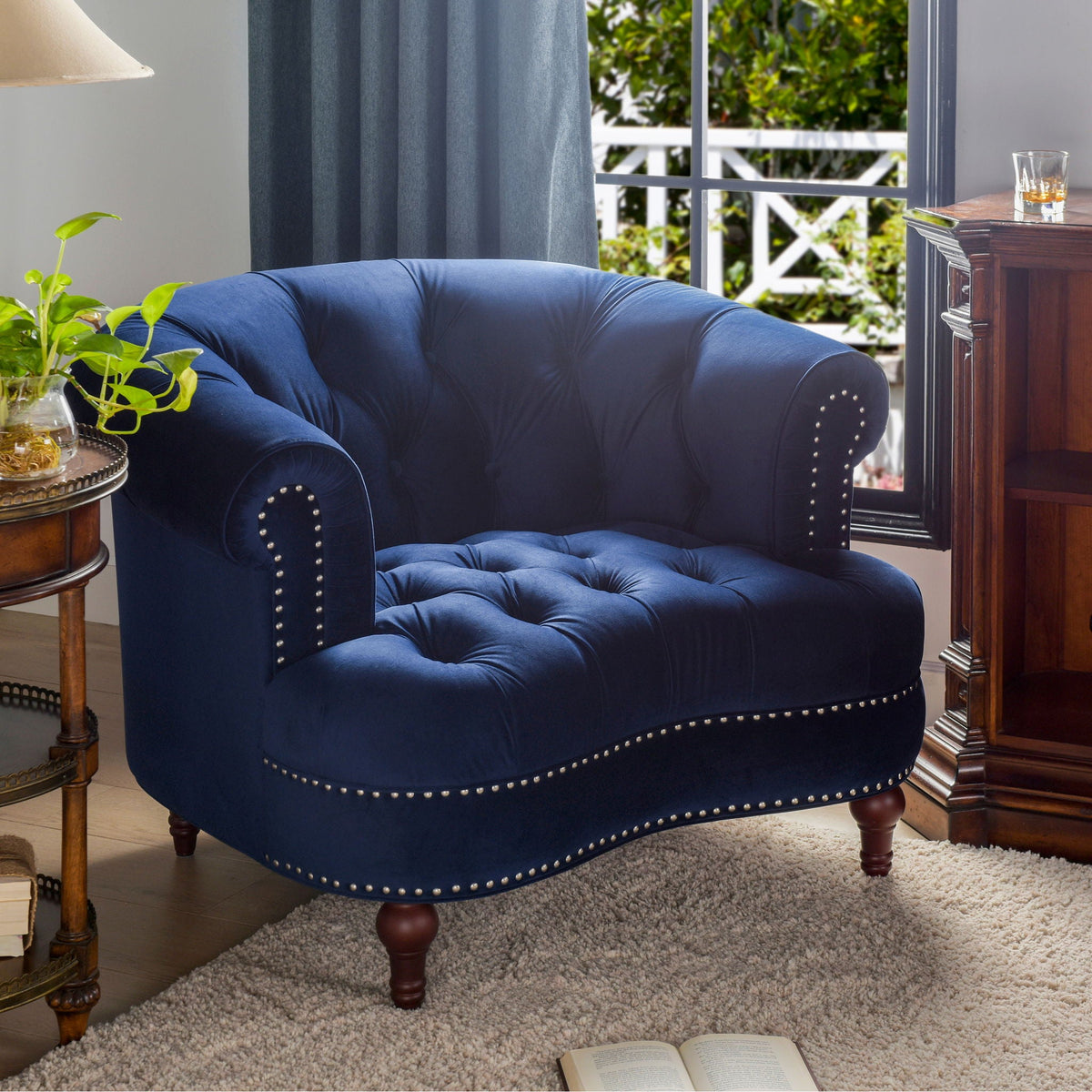Victorian tufted accent chair in navy velvet with nailhead trim by HouseOfZazla on Tampa Home & Garden Store