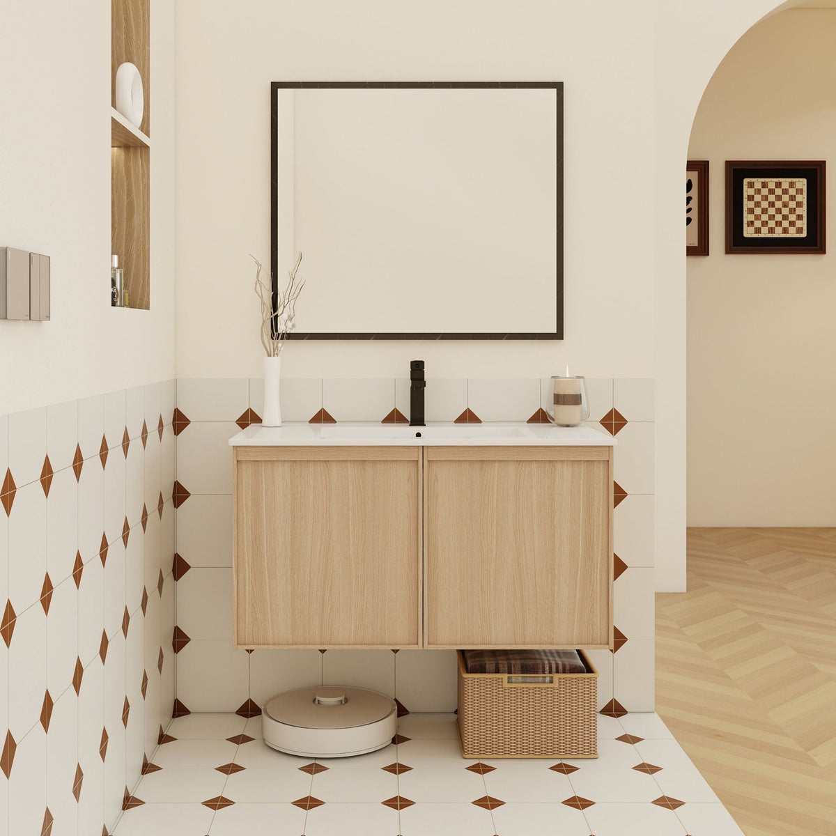 Floating bathroom vanity with sink combo, light brown wood, white countertop on Tampa Home & Garden Store