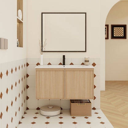 Floating bathroom vanity with sink combo, light brown wood, white countertop on Tampa Home & Garden Store