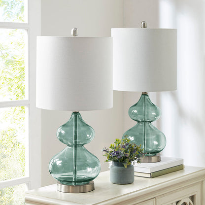 Ellipse Curved Glass Table Lamp set of 2 teal glass bases white drum shades HouseOfZazla on Tampa Home & Garden Store