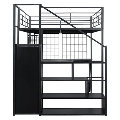 Loft bed by HouseOfZazla black metal with built-in desk wardrobe and storage stairs LED on Tampa Home & Garden Store