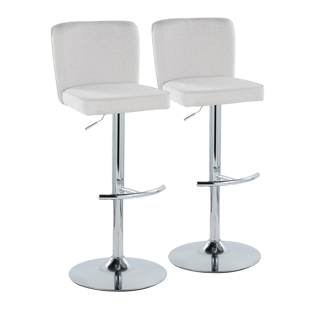 Contemporary adjustable barstool set with beige upholstery and swivel chrome bases on Tampa Home & Garden Store