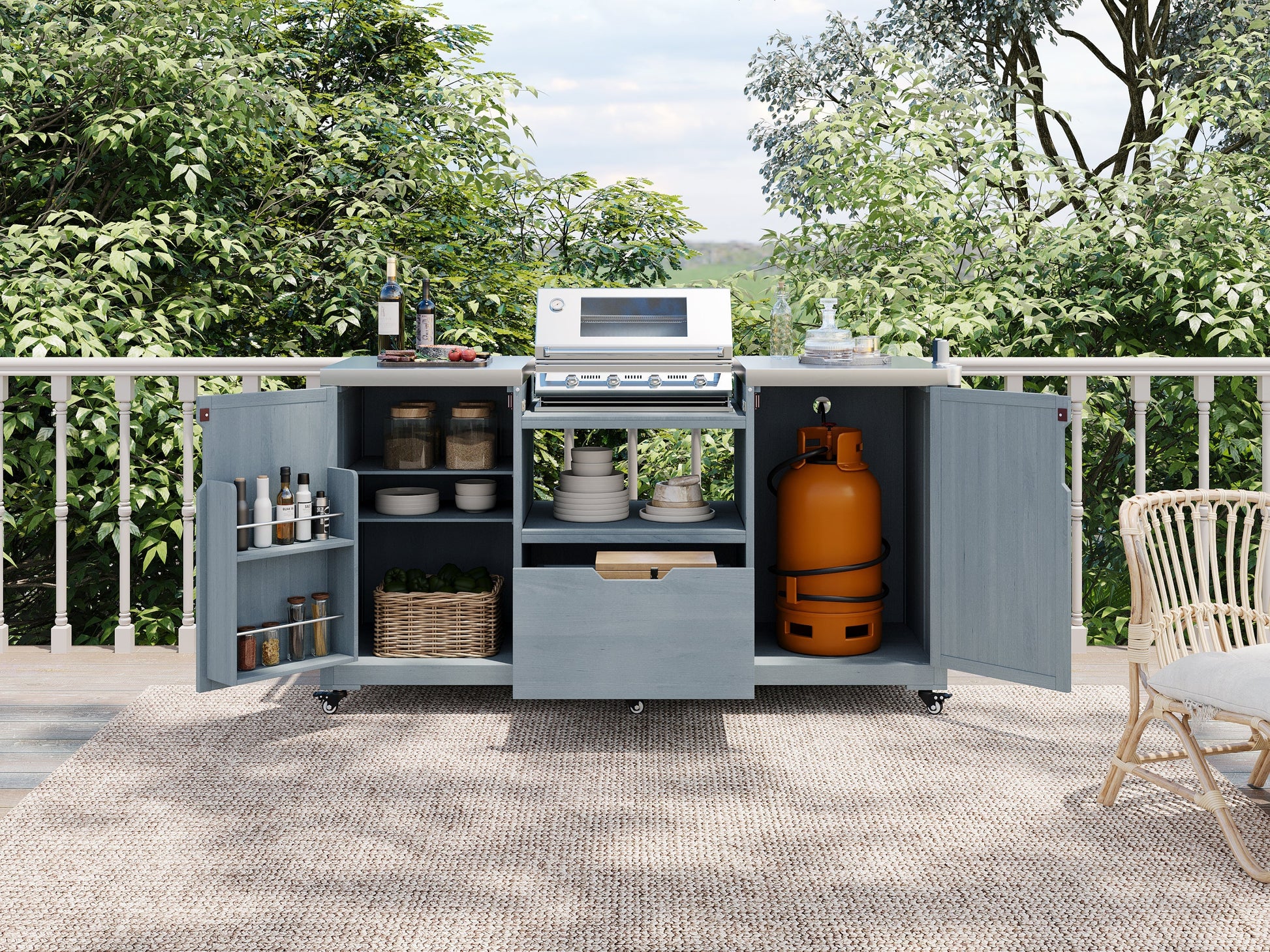 K&K 66.5in outdoor kitchen island with Big Green Egg, blue gray cabinets, grill, propane tank on Tampa Home & Garden Store