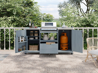K&K 66.5in outdoor kitchen island with Big Green Egg, blue gray cabinets, grill, propane tank on Tampa Home & Garden Store