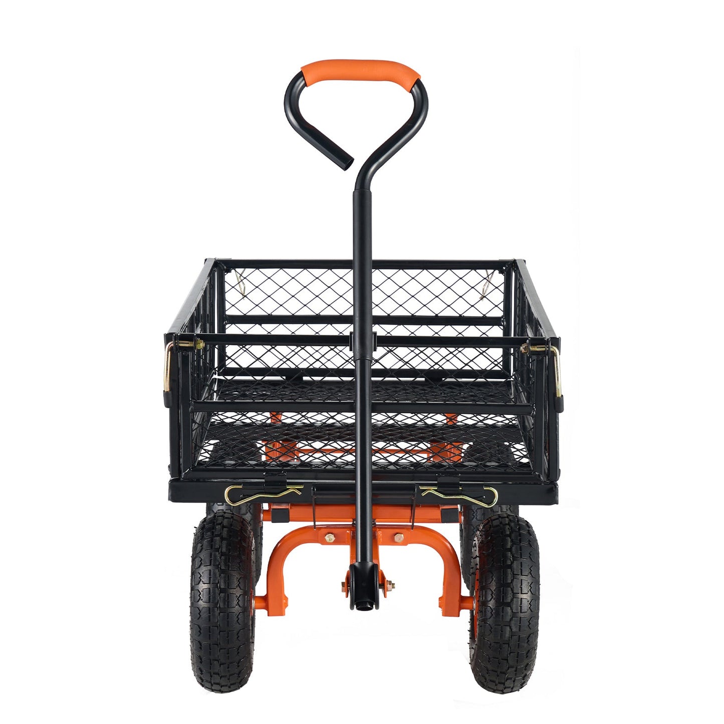 Metal garden dump cart with orange frame and black mesh bed, handle HouseOfZazla on Tampa Home & Garden Store