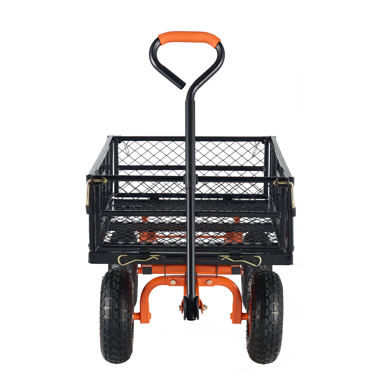 Metal garden dump cart with orange frame and black mesh bed, handle HouseOfZazla on Tampa Home & Garden Store