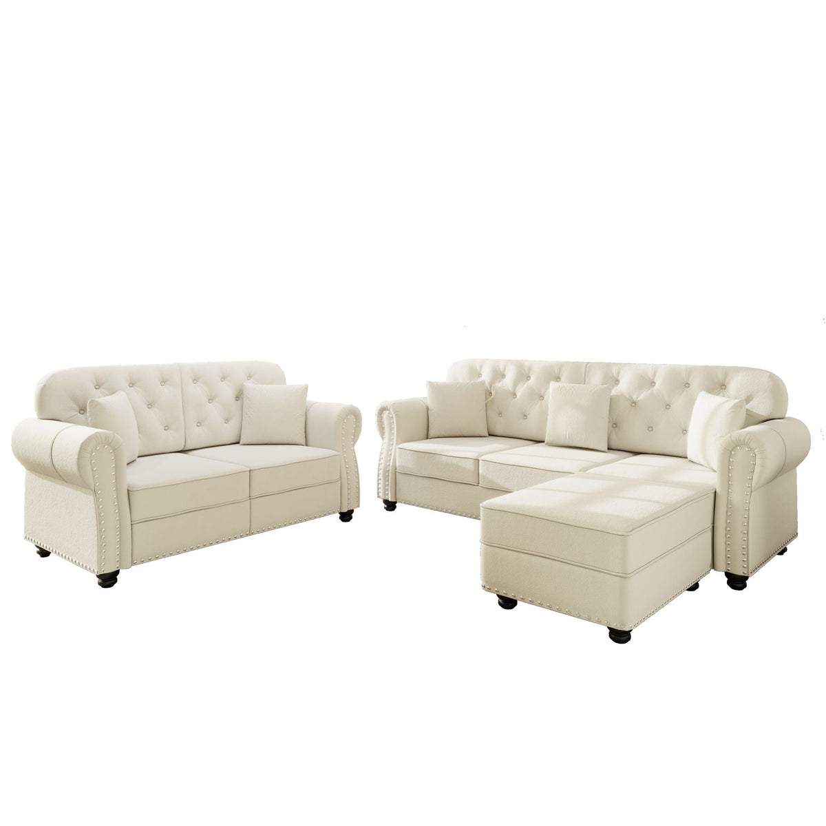 Upholstered Sofa Set with Nailhead and Pillows