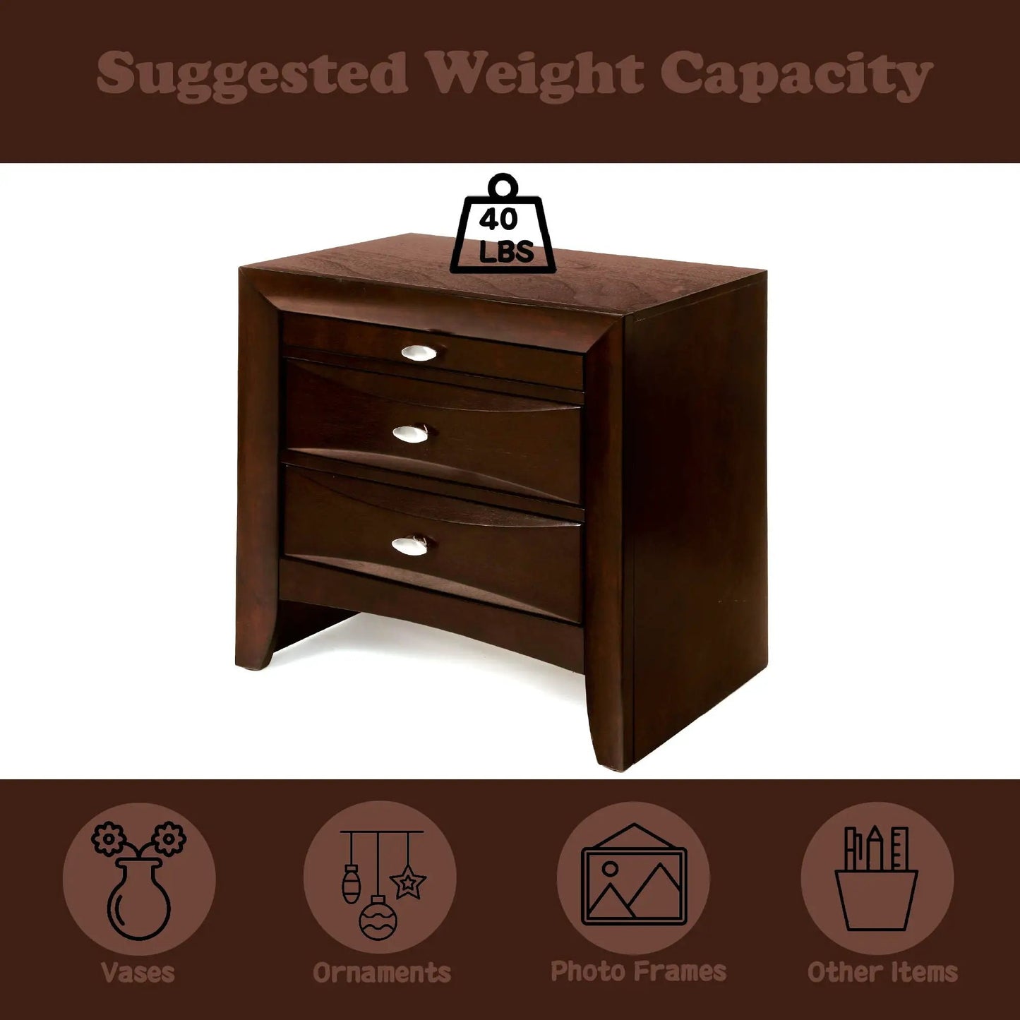 Ireland Elegant Design Nightstand, dark brown with multiple drawers and 40 lbs capacity on Tampa Home & Garden Store