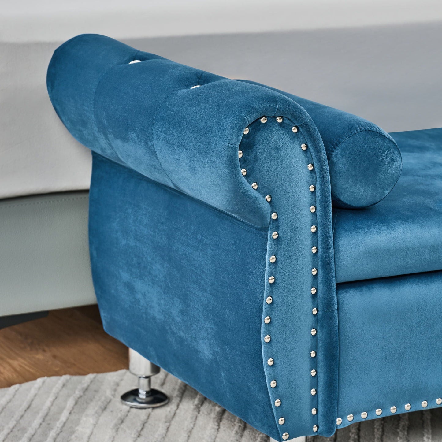 Blue velvet storage bench with silver nailhead trim and tufted detailing for bedroom on Tampa Home & Garden Store