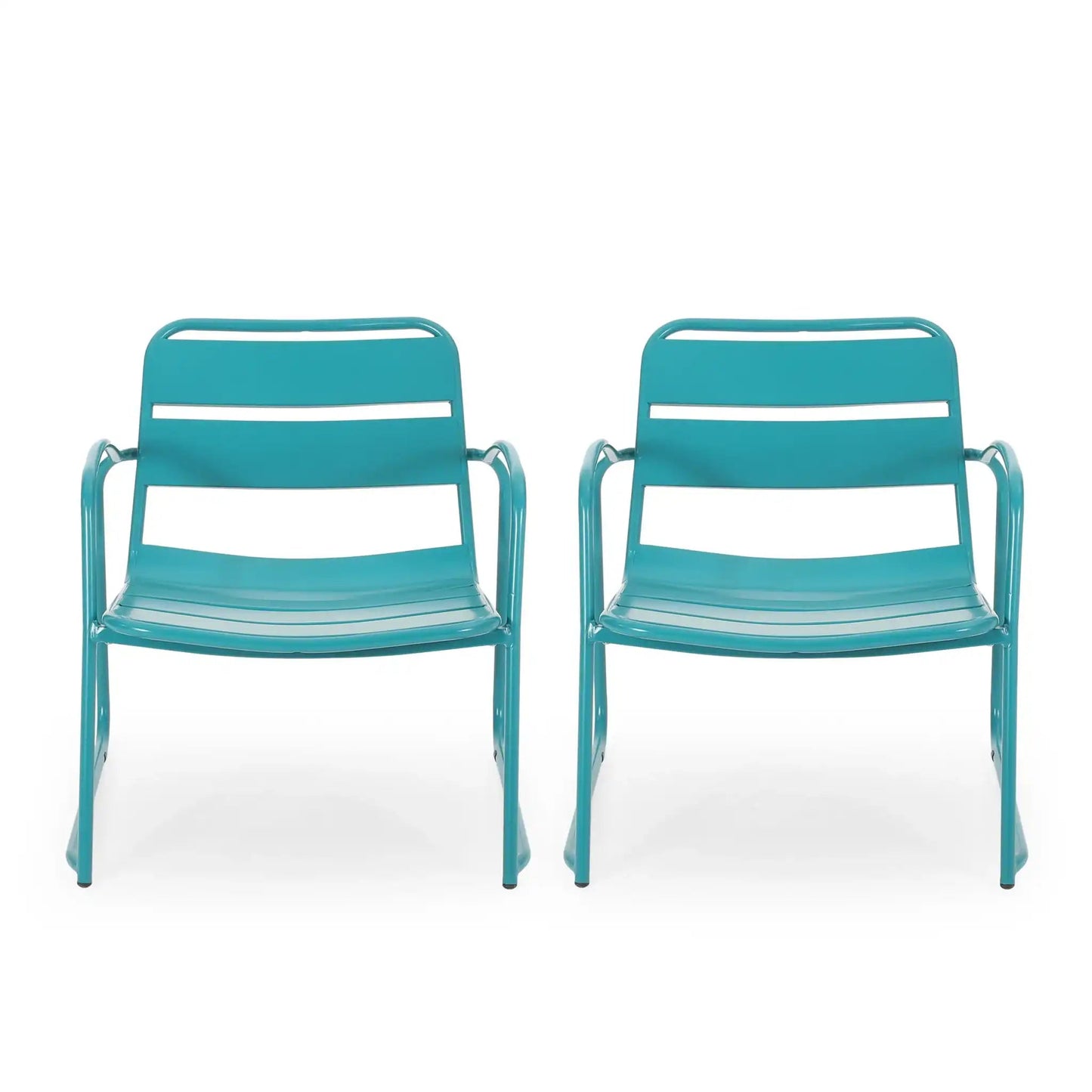Conrad Outdoor Chair pair in teal metal frame with slatted seat and backrest on Tampa Home & Garden Store