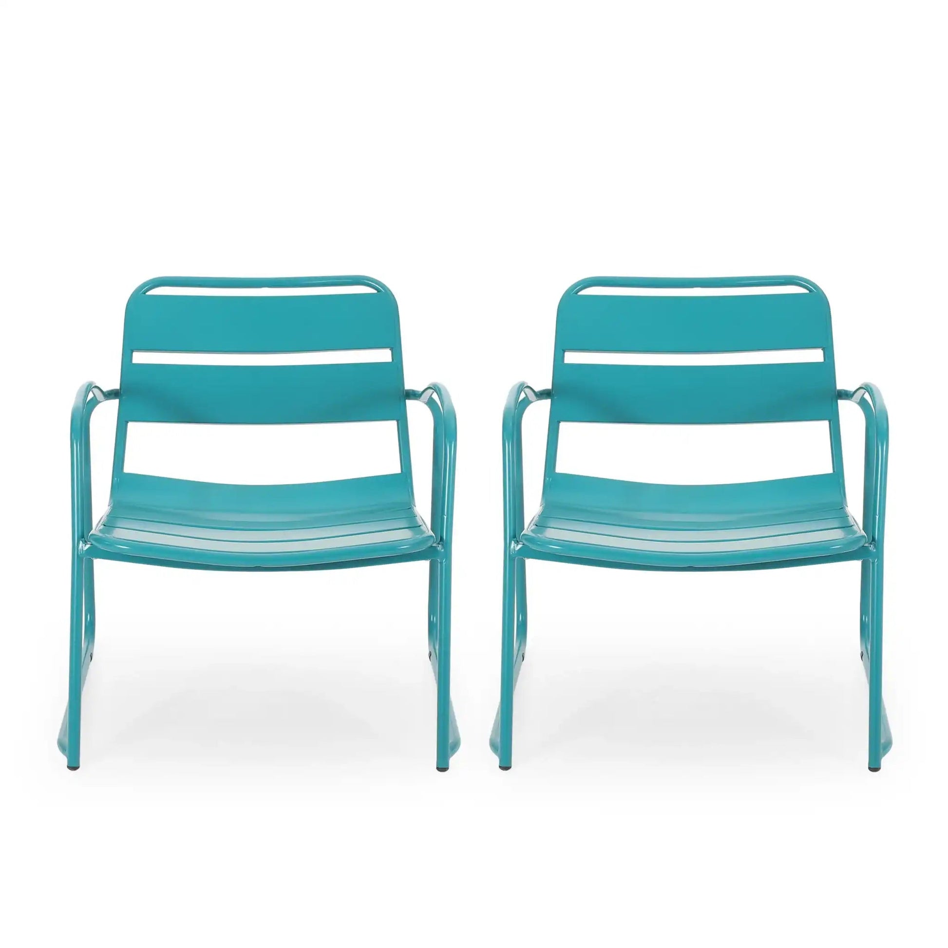 Conrad Outdoor Chair pair in teal metal frame with slatted seat and backrest on Tampa Home & Garden Store