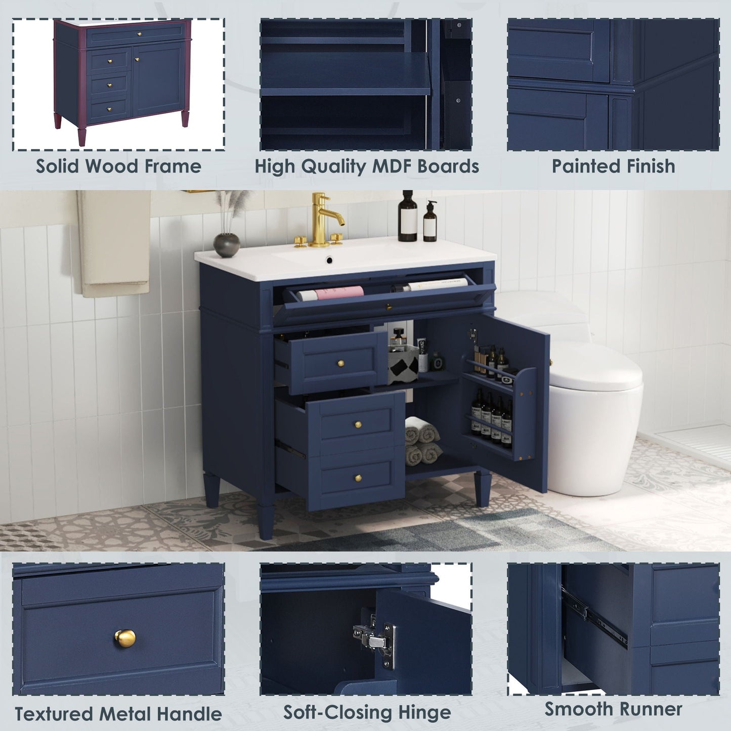 Blue bathroom vanity with top sink by HouseOfZazla, 2 drawers and a tip-out drawer on Tampa Home & Garden Store
