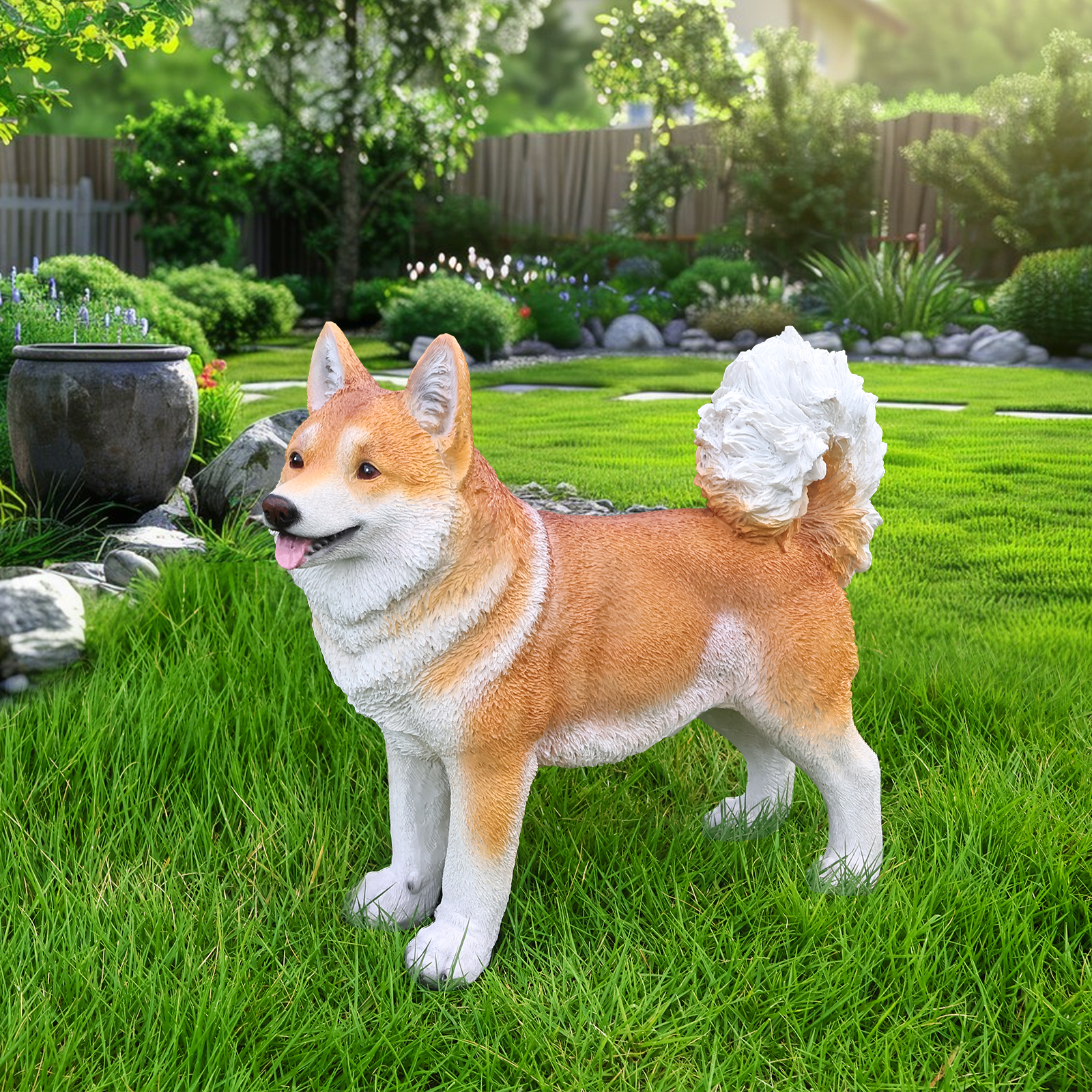 Lifelike Shiba Inu dog statue, tan and white garden sculpture by HouseOfZazla on Tampa Home & Garden Store