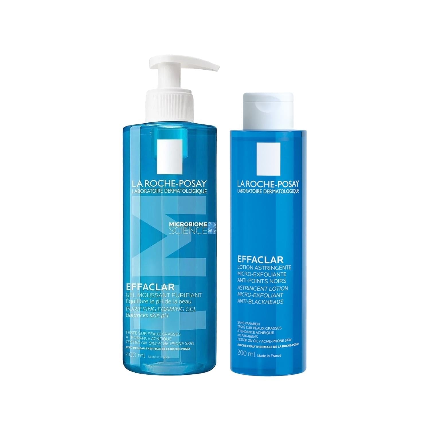 La Roche-Posay Effaclar 2-piece acne skincare set in blue bottles with pump and flip-cap on Tampa Home & Garden Store