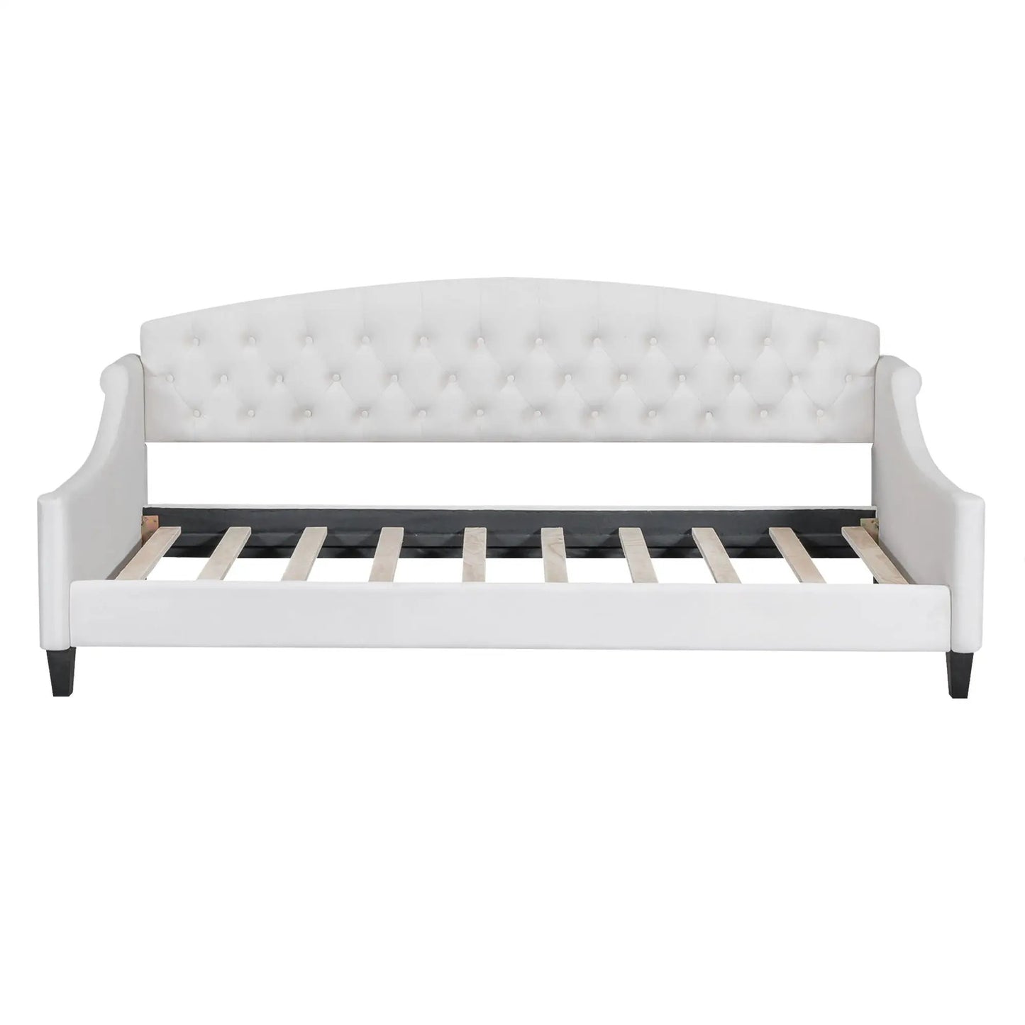 White tufted daybed with diamond button tufting, curved back and arms, wooden slat base on Tampa Home & Garden Store
