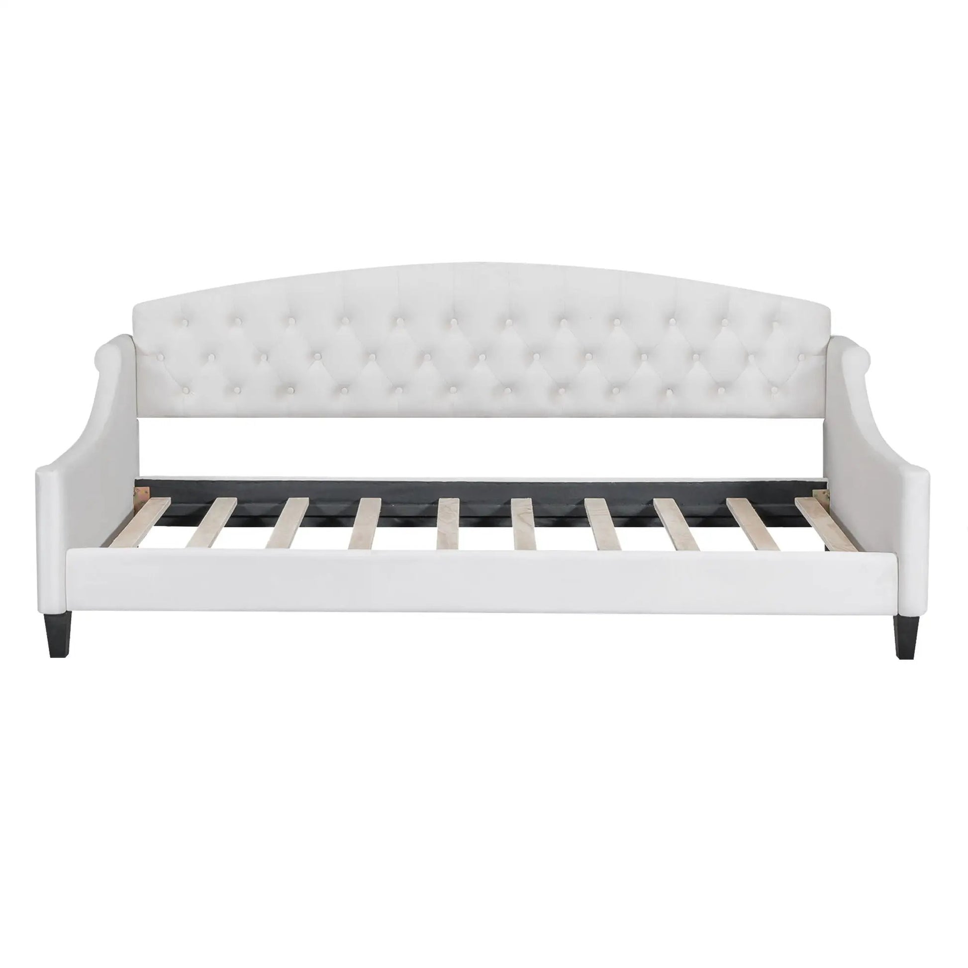 White tufted daybed with diamond button tufting, curved back and arms, wooden slat base on Tampa Home & Garden Store