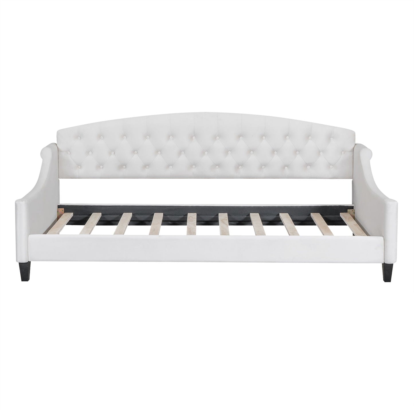 Modern Tufted Button Daybed in white upholstery with tufted back, curved arms, and slat support on Tampa Home & Garden Store